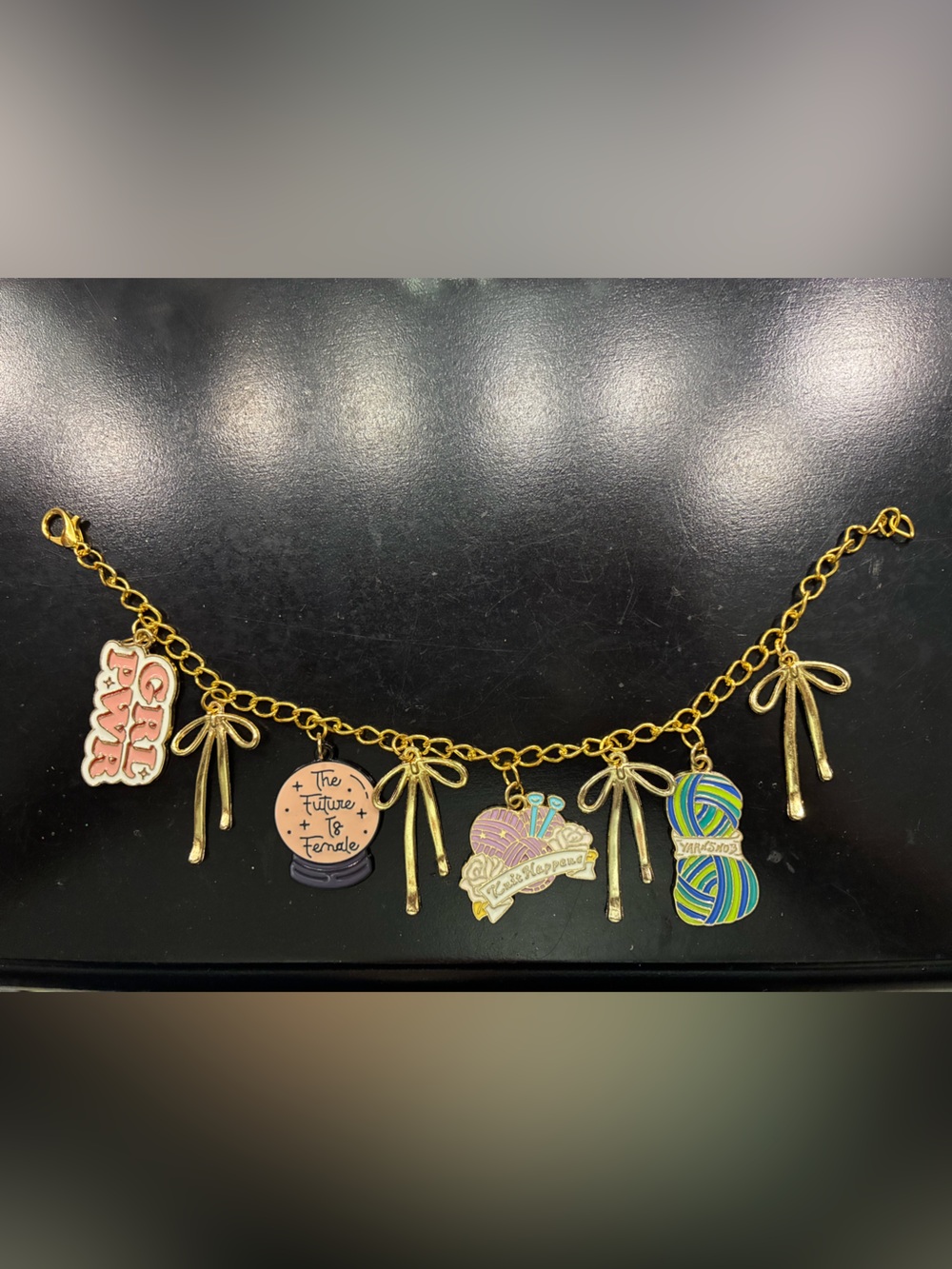 Gold tone Charm Bracelet with Colorful Craft & GRL PWR Charms ribbons